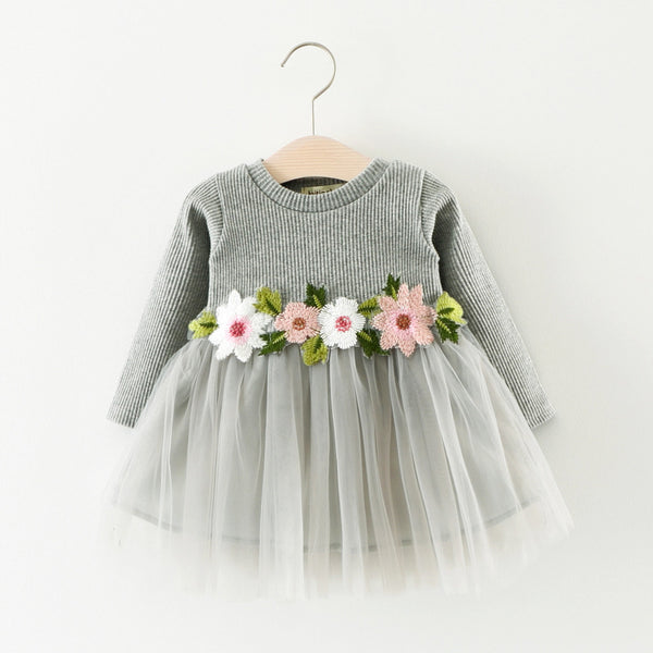 Vestido Princesa Infantil de Manga Larga con Flores en la Cintura - Image 3
