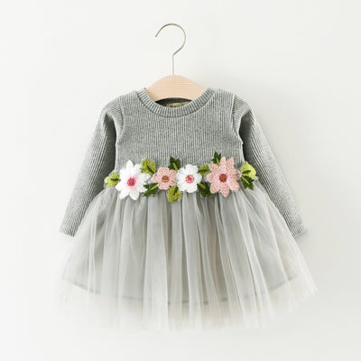 Vestido Princesa Infantil de Manga Larga con Flores en la Cintura - Image 3