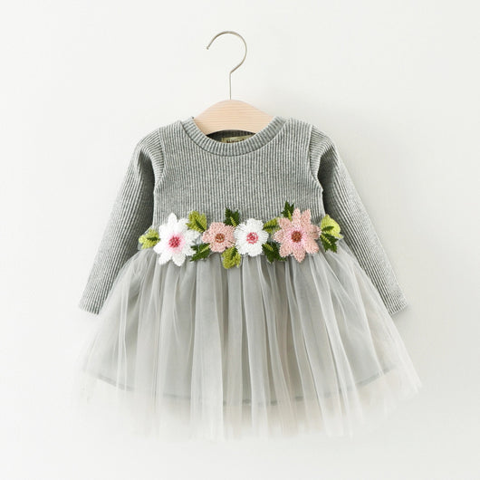 Vestido Princesa Infantil de Manga Larga con Flores en la Cintura - Image 3