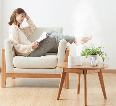 White portable humidifier with rose gold mountain-shaped mist outlet, 1000ml capacity, and compact design. - Image 4