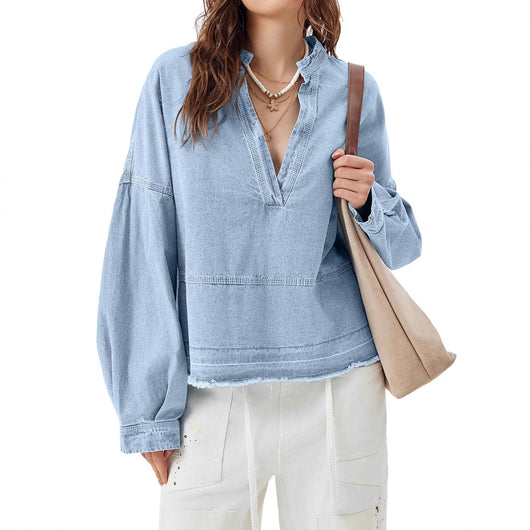 Blusa Denim Holgada de Cuello V y Manga Larga Versátil - Image 5