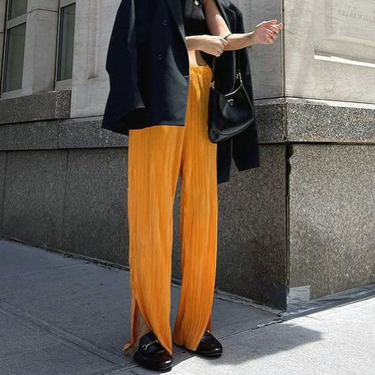 Pantalón Ancho Cintura Alta con Aberturas Laterales en Tono Naranja Amarillento - Image 7