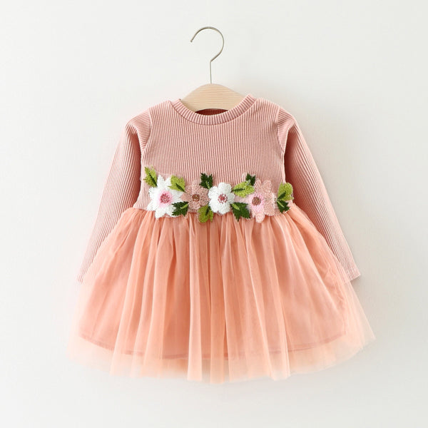 Vestido Princesa Infantil de Manga Larga con Flores en la Cintura