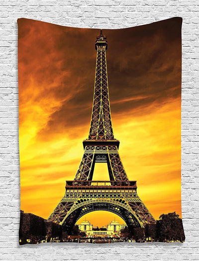 Eiffel Tower tapestry with a vibrant orange and yellow sunset sky, perfect for wall decor.