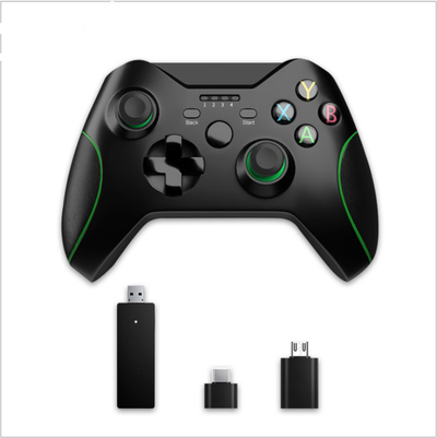 Black wired USB game controller with green accents, two joysticks, and ABXY buttons, shown with USB, USB-C, and micro-USB adapters. - Image 7
