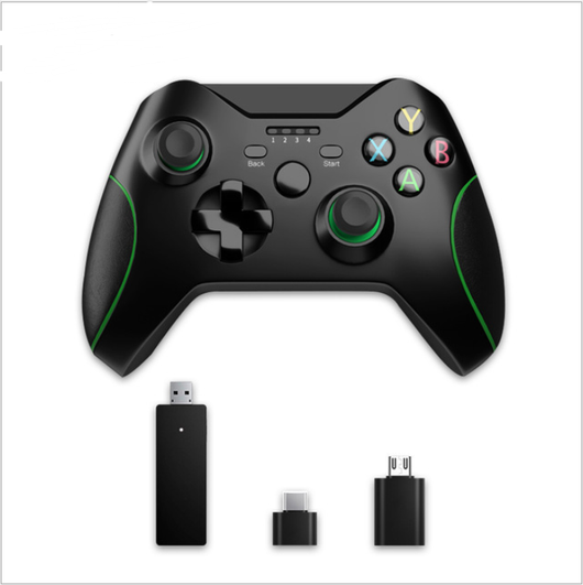 Black wired USB game controller with green accents, two joysticks, and ABXY buttons, shown with USB, USB-C, and micro-USB adapters. - Image 7