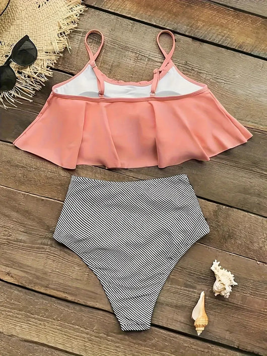 Women's black ruffled tankini swim top with adjustable straps and high-waisted black and white striped swim bottoms. - Image 9