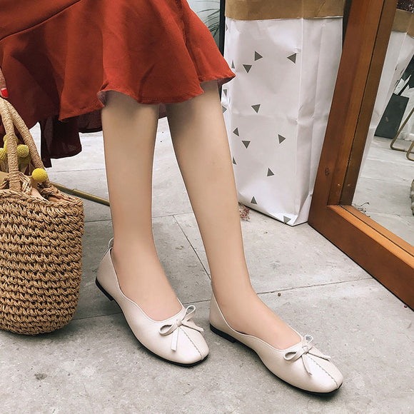 Zapatos Ballet Estilo Retro con Moño Punta Cuadrada