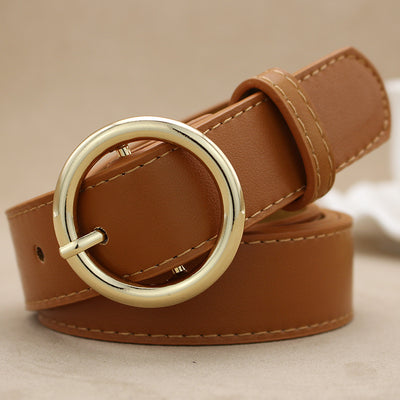 Khaki imitation leather belt with a shiny gold-colored round buckle and visible stitching details. - Image 11