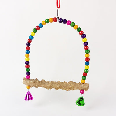 Colorful parrot swing toy with a natural wood perch, an arch of multicolored beads, and two small bells. - Image 14