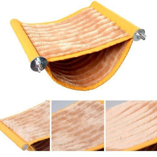 Gray and cream two-tier pet hammock with plush interior, hanging in a wire cage with three small birds. - Image 11