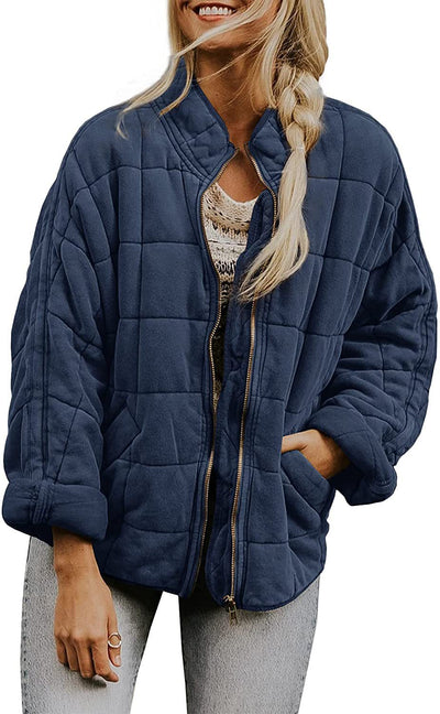 Abrigo de Invierno con Cierre de Cremallera y Cuello Alto - Chaqueta Larga Estampado Cuadros para Mujer - Image 7