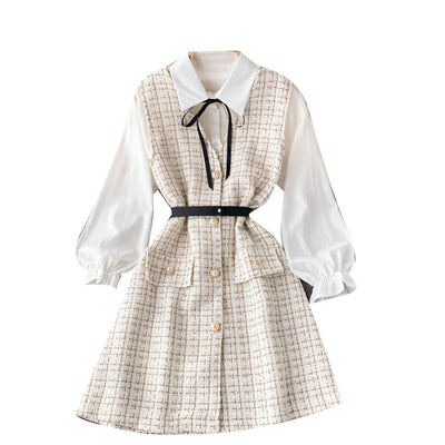 Vestido Houndstooth con Tirantes y Mangas Puff - Image 7