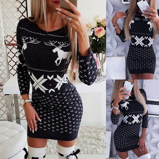 Vestido Ajustado Navideño con Estampado Digital y Manga Larga