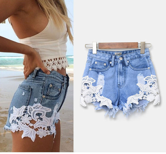 Shorts Boho de Cintura Alta con Encaje para Playa y Resort