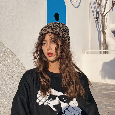 Gorro de Lana Tejido Estampado Leopardo Retro para Otoño e Invierno - Image 9