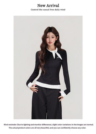Blusa Negra con Lunares y Moño - Efecto Dos Piezas, Manga Larga - Image 9