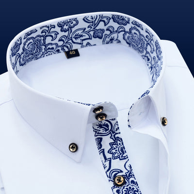 Camisa Business Casual de Manga Larga con Cuello Porcelana Azul y Blanco para Hombre - Image 3