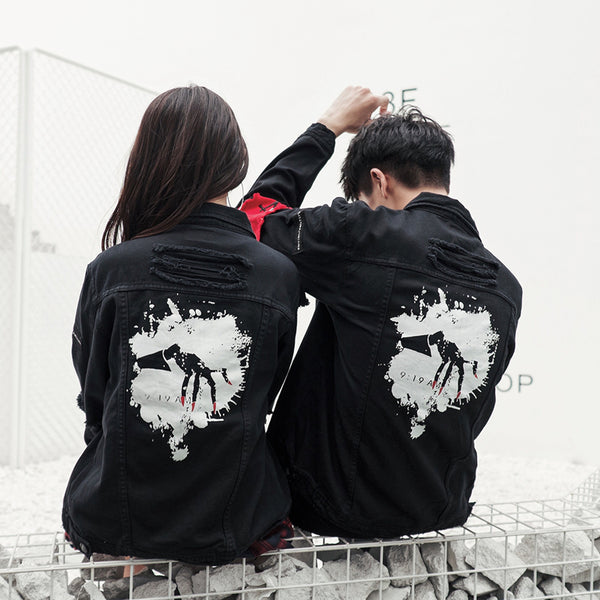 Chaqueta Denim Lavada con Agujeros para Parejas - Manga Larga Estilo Coreano