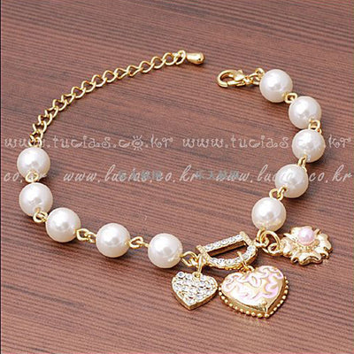 Pulsera Corazón Flor Coreana con Perla y Letra D en Diamante - Image 2