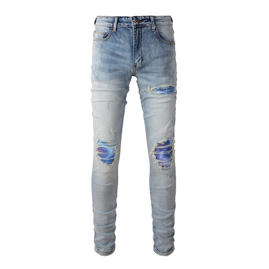 Jeans Slim Ajustados Blanco Roto con Parches Desgarrados y Detalles Vintage - Image 4