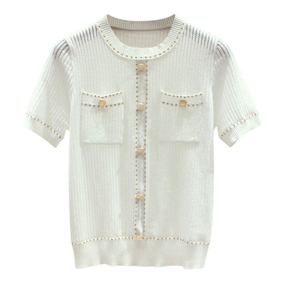 Blusa de Seda Brillante Tejida Manga Corta para Mujer - Image 10