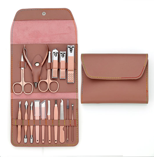 Estuche de Herramientas de Manicura en Cuero PU Oro Rosado Portátil
