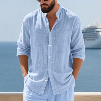 Camisa de Lino Transpirable para Hombre con Cuello Mao y Manga Larga - Image 4