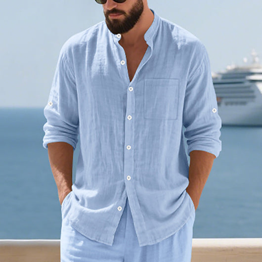 Camisa de Lino Transpirable para Hombre con Cuello Mao y Manga Larga - Image 4