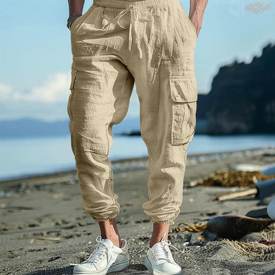 Pantalones Casuales de Algodón y Lino con Múltiples Bolsillos y Cordón Ajustable - Image 36
