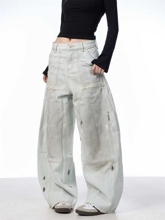 Pantalones Vaqueros Retro Sueltos Desgastados con Efecto Vintage