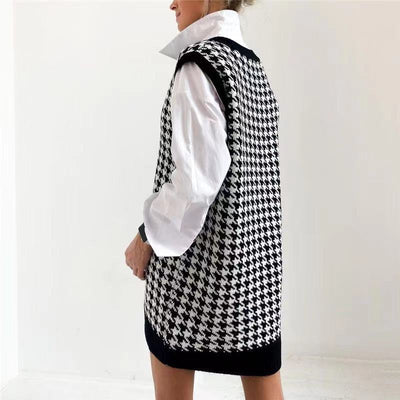 Chaleco Suéter Suelto Cuello V Estampado Pata de Gallo para Mujer - Image 3