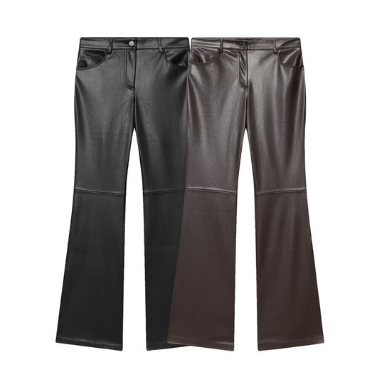 Pantalones de Cuero Casual Efecto Pierna Larga con Cintura Elástica y Bota Acampanada