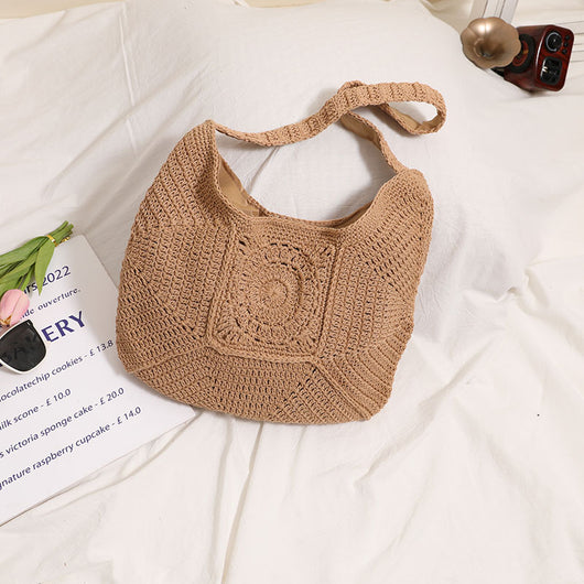 Bolsa de Playa Tejida de Algodón con Patrón Cuadros Vintage - Gran Capacidad para Viajes y Vacaciones - Image 4