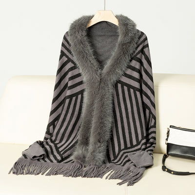 Poncho Tejido de Rayas Otoño Invierno con Flecos Elegante - Image 22