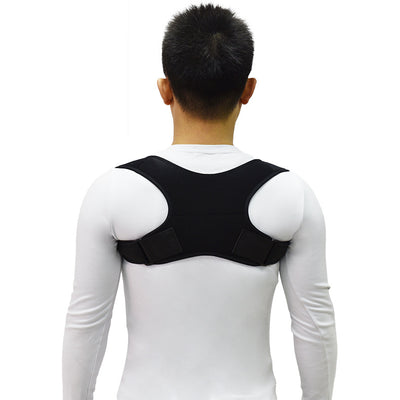 Black back shoulder spine posture corrector worn over a white long-sleeved shirt, showing adjustable straps. (2 pcs) - Image 5