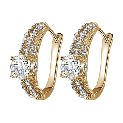 Gold-toned bridal necklace and hoop earrings set with large round cubic zirconia stones and pave accents. - Image 4