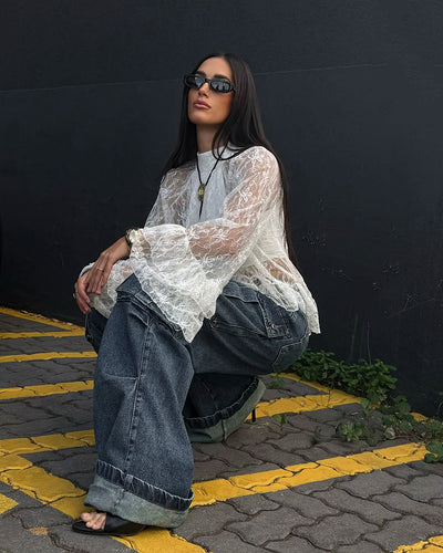 Blusa de Trabajo Blanca con Encaje Jacquard y Cuello Alto - Image 12