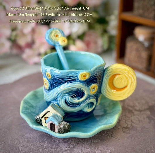 Taza de Cerámica Inspirada en Van Gogh Noche Estrellada con Plato - Image 8