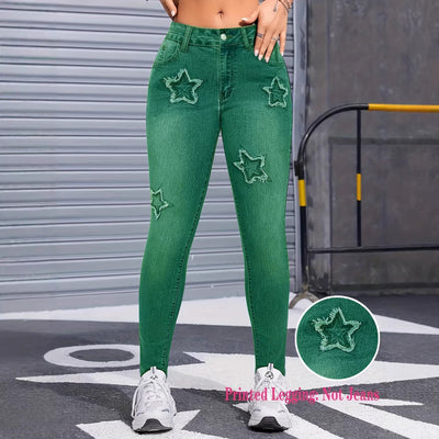 Pantalones Leggings Estilo Denim con Estrellas para Mujer - Corte Acampanado