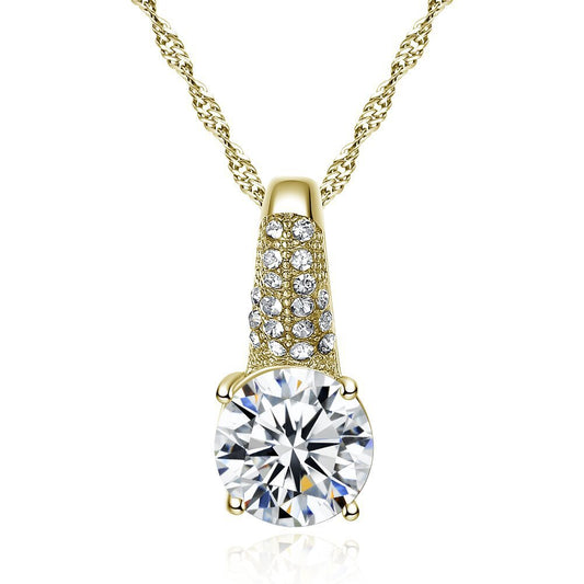 Gold-toned bridal necklace and hoop earrings set with large round cubic zirconia stones and pave accents. - Image 2