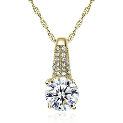 Gold-toned bridal necklace and hoop earrings set with large round cubic zirconia stones and pave accents. - Image 2