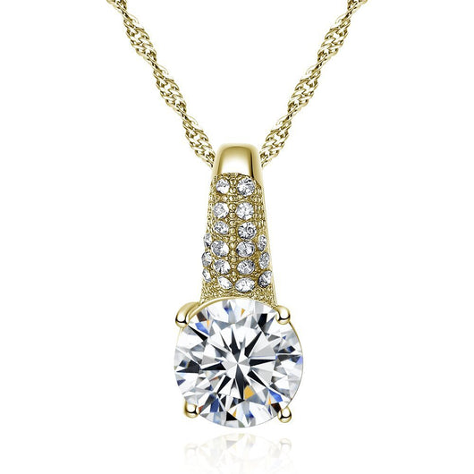 Gold-toned bridal necklace and hoop earrings set with large round cubic zirconia stones and pave accents. - Image 2