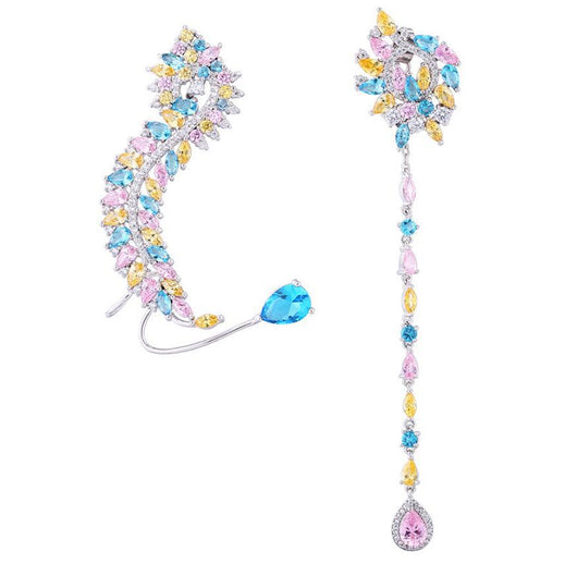 Aretes Asimétricos de Circón y Diamantes - Diseño Pluma Elegante - Image 2