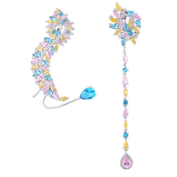 Aretes Asimétricos de Circón y Diamantes - Diseño Pluma Elegante
