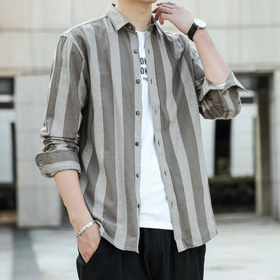 Camisa Casual de Rayas Anchas Estilo Japonés para Hombre - Image 5