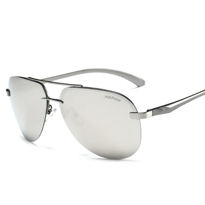 Rimless aviator sunglasses with orange mirrored polarized lenses and silver-toned metal temples on a white background. - Image 13