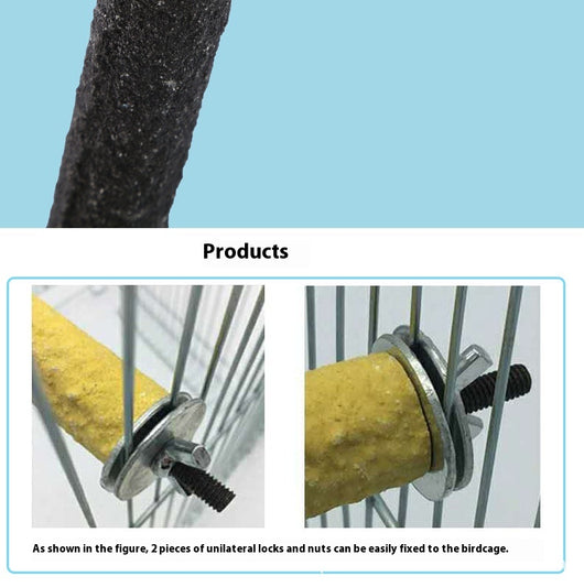 Four colorful frosted bird perches in red, black, blue, and yellow, with metal attachments for bird cages. - Image 9