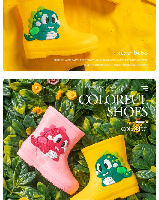 Bright yellow children's rain boots with a green cartoon dinosaur appliqué, designed for waterproof outdoor play. - Image 10