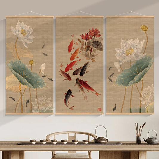 Biombo Decorativo Bambú con Pintura de Scroll para Sala de Estar